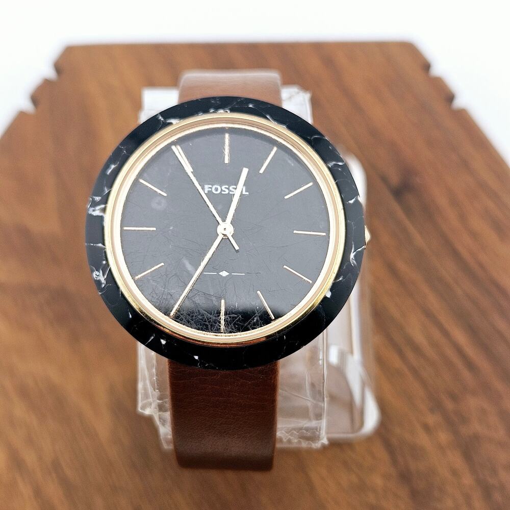 Fossil Womens Black Marble Bezel Watch Brown Leather Band Elevated Basic ES-4382